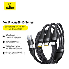 Baseus Flash Series 3 Two-for-three Fast Charging Cable U+C to C+C+L  100W 1.5m Cluster Black-P10377501111-00