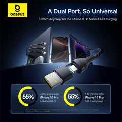 Baseus Flash Series 3 Two-for-three Fast Charging Cable U+C to C+C+L  100W 1.5m Cluster Black-P10377501111-00