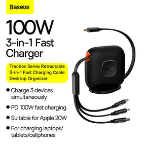 Baseus Cable 100W Cable Type-C to Micro Type-C Lightning Traction Series Retractable 3-in-1 Fast Charging Cable 1.7m Black -CAQY000001