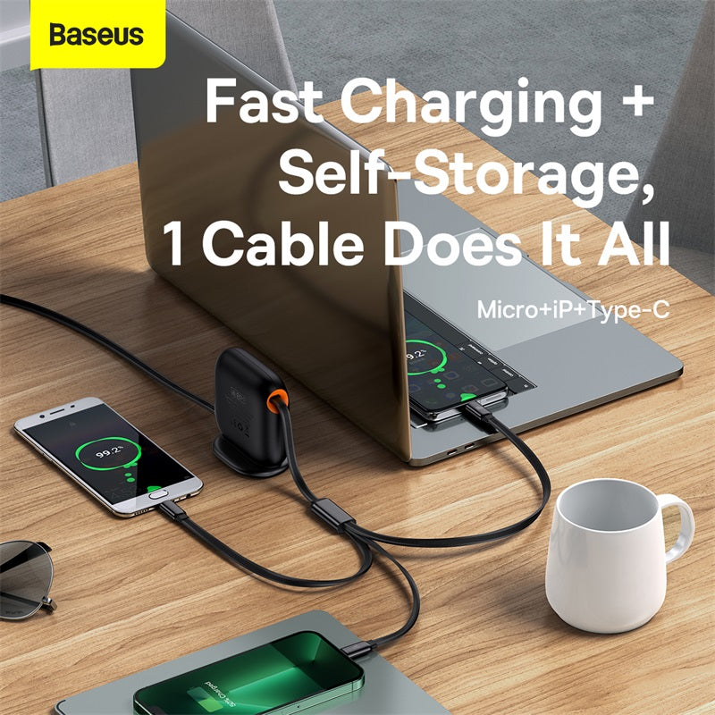 Baseus Cable 100W Cable Type-C to Micro Type-C Lightning Traction Series Retractable 3-in-1 Fast Charging Cable 1.7m Black -CAQY000001