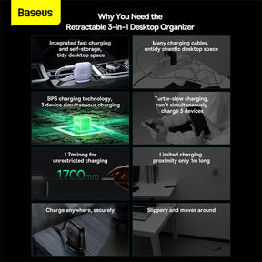 Baseus Cable 100W Cable Type-C to Micro Type-C Lightning Traction Series Retractable 3-in-1 Fast Charging Cable 1.7m Black -CAQY000001