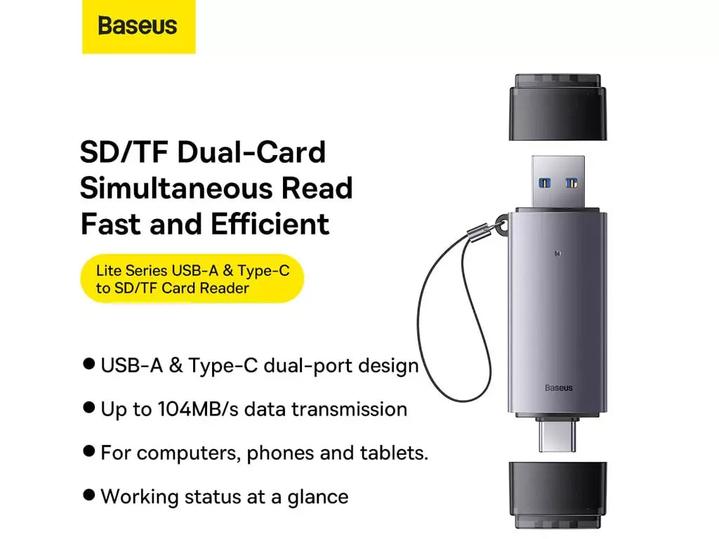 Baseus Lite Series USB-A + Type-C to TF Memory Card Reader Portable 2TB Large Capacity Card Reader Compatible with Phones Tablets Laptops WKQX060113