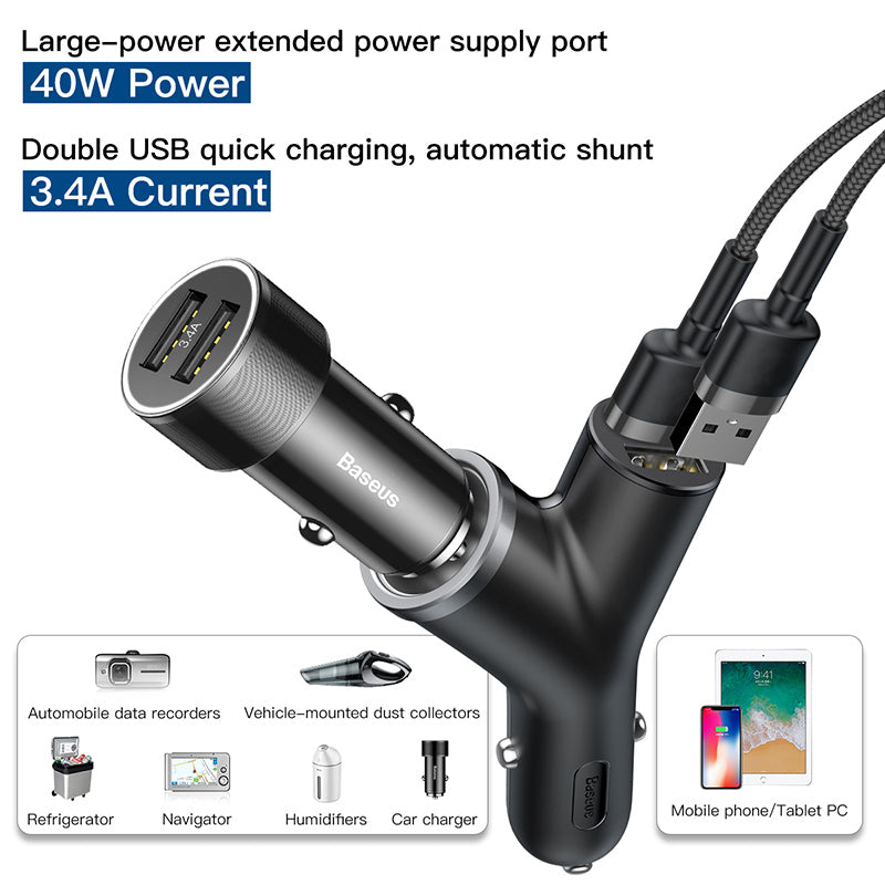 Baseus Y Type Car Charger car charger 2x USB + cigarette lighter socket 3.4A black (CCALL-YX01)