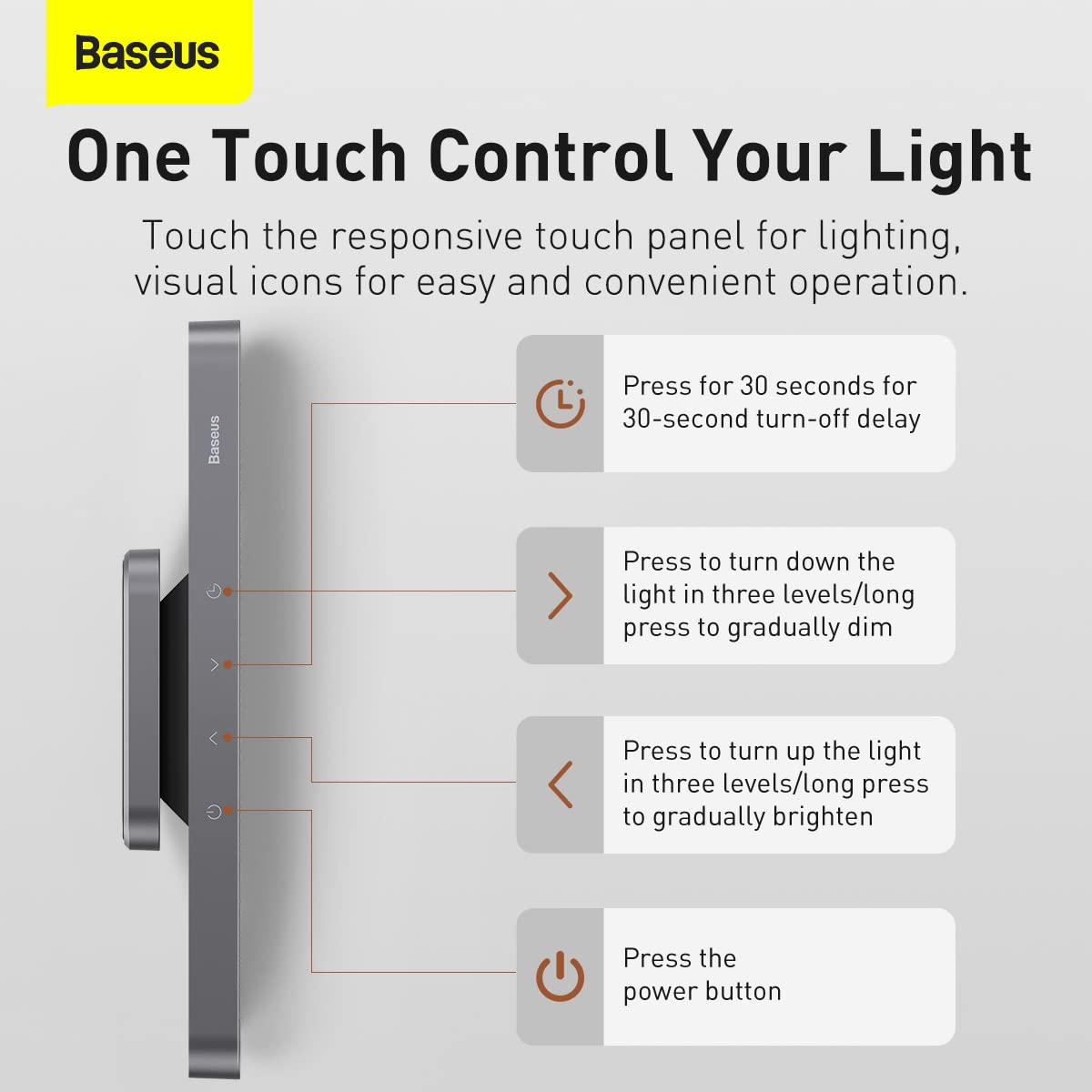 Baseus Magnetic Stepless Touch Sensor Rechargeable Dimming Desk Lamp with 3 Brightness Levels Deep Gray DGXC-C0G