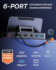 Baseus 6-in-1 Docking Station for Steam Deck & ROG Ally & Legion Go with HDMI 2.0 4K@60Hz, Gigabit Ethernet, Adjustable Stand Design, 100W PD and 3 USB-A 3.0 Ports