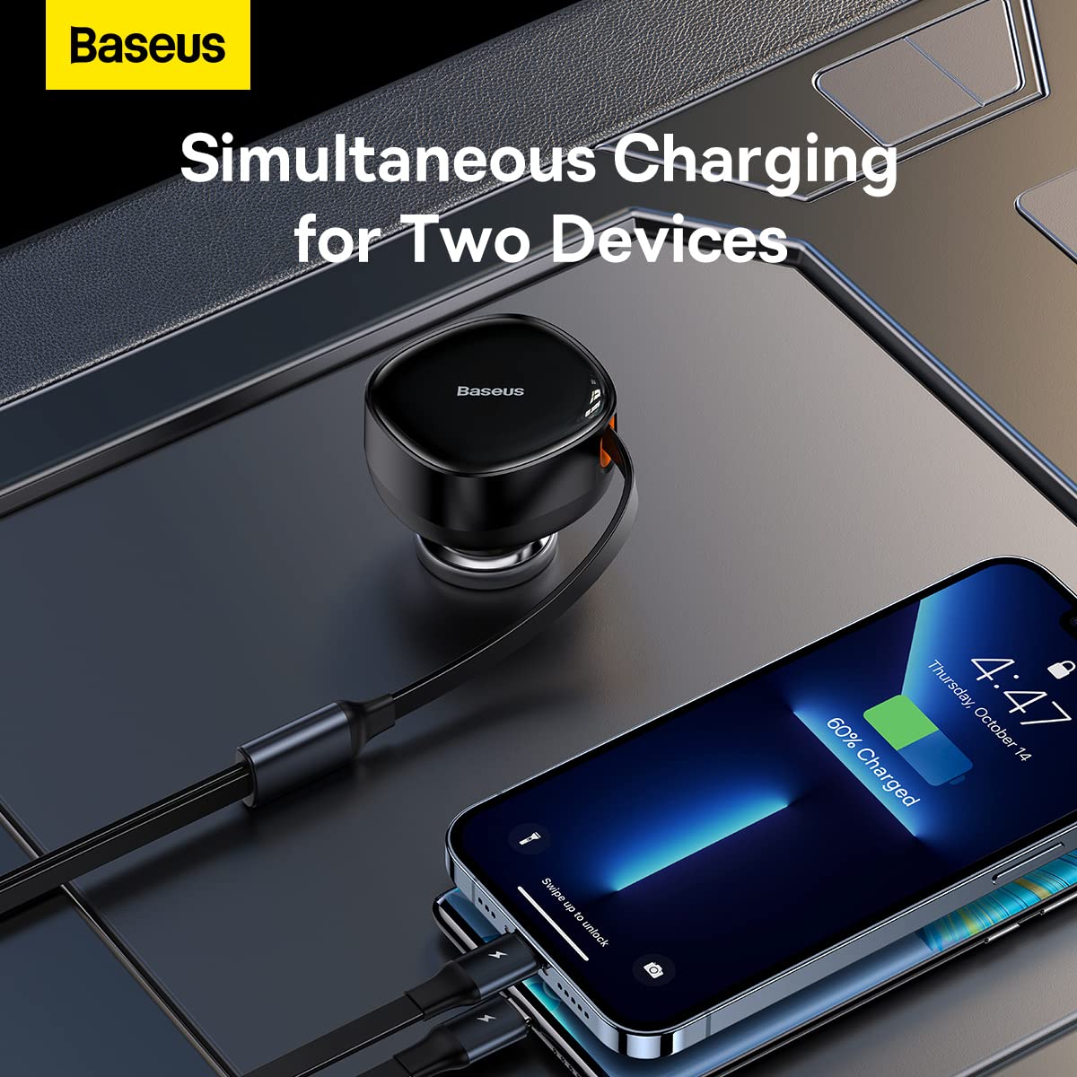 Baseus Car Charger Enjoyment Retractable dual Output Type-c & Lightning 30W Black CGTX000001