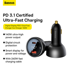 Baseus Digital Display PD3.1 Dual Fast Charger Car Charger U+C 140W Set Obsidian Black With C To C 240W 1m Black-CGZX070001