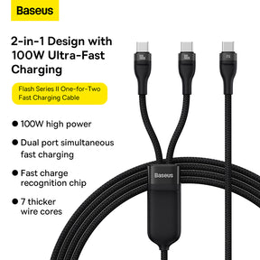 Baseus Flash Series Ⅱ One-for-Two Fast Charging Cable Type-C to C+C 100W 1.5m Black-CASS060001