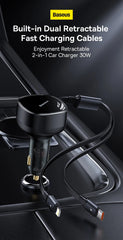 Baseus Car Charger Enjoyment Retractable dual Output Type-c & Lightning 30W Black CGTX000001