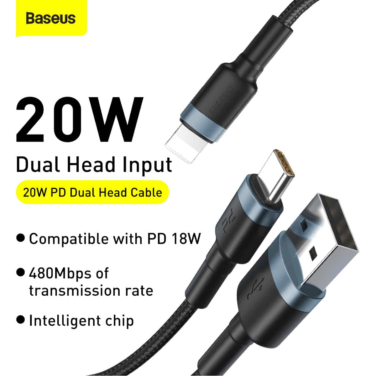Baseus cafule USB + Type-C 2-in-1 PD Cable 20W 1.2m Gray + Black CATKLF-ELG1