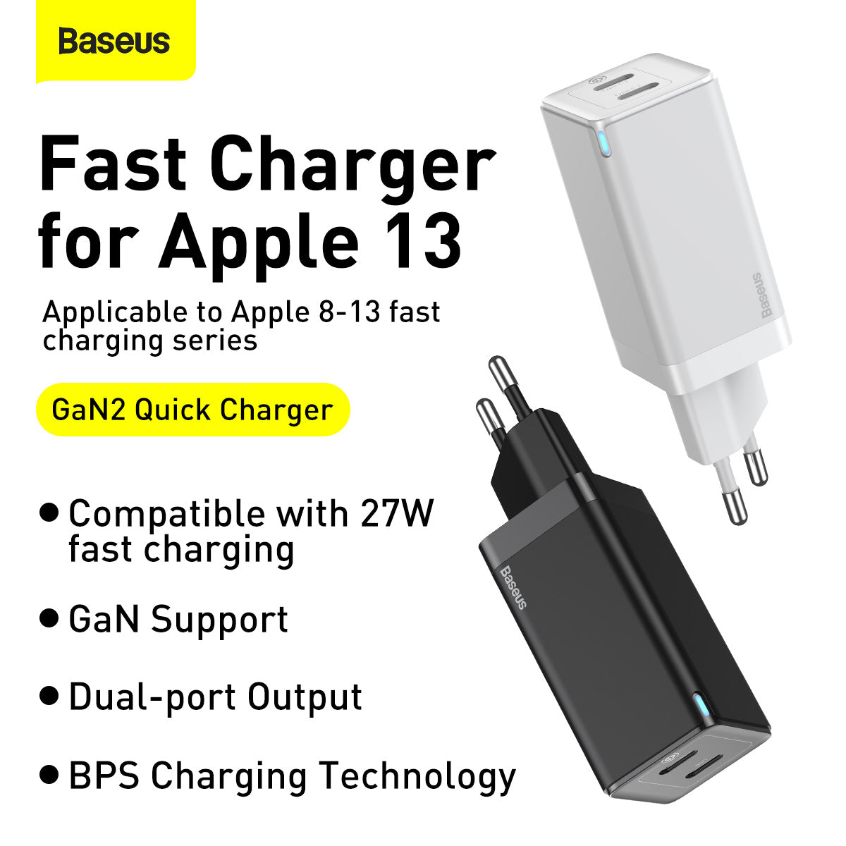 Baseus Gan Mini Type-C and USB 45W Dual Port Output Quick Travel Charger Compatible with Full Quick Charge Protocols with Mini Type C to Type C 60W, 1 m Charging Cable (Black)