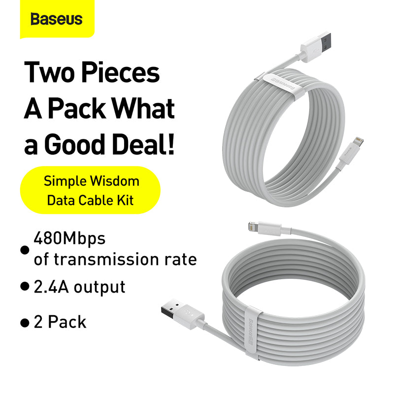 Baseus Simple Wisdom Data Cable Kit USB To Ip 2.4A (2Pcs/Set) 1.5M White (TZCALZJ-02)