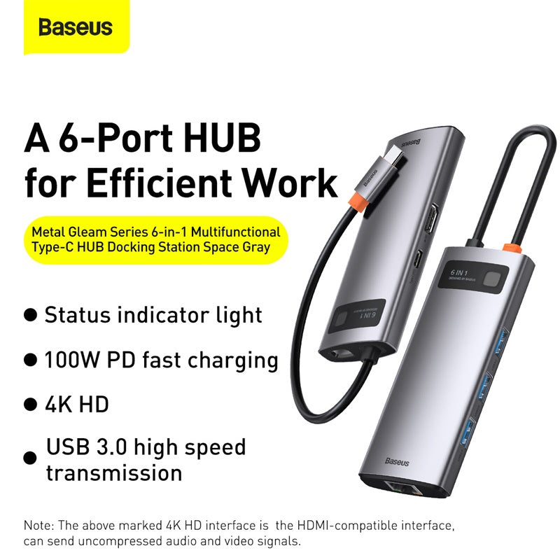 Baseus Metal Gleam 6 in 1 Multifunctional USB Type-C Hub Grey (CAHUB-CW0G)