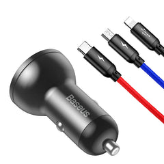 Baseus Digital Display Dual USB 4.8A Car Charger 24W With 3-in-1 Data Cable (TZCCBX-0G)