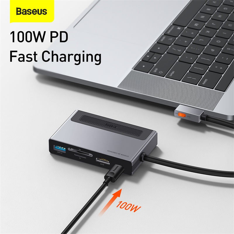 Baseus 6 in 1 Multifunctional USB Type C  Hub With Power Switch & Retractable Clip Grey (CAHUB-DA0G)