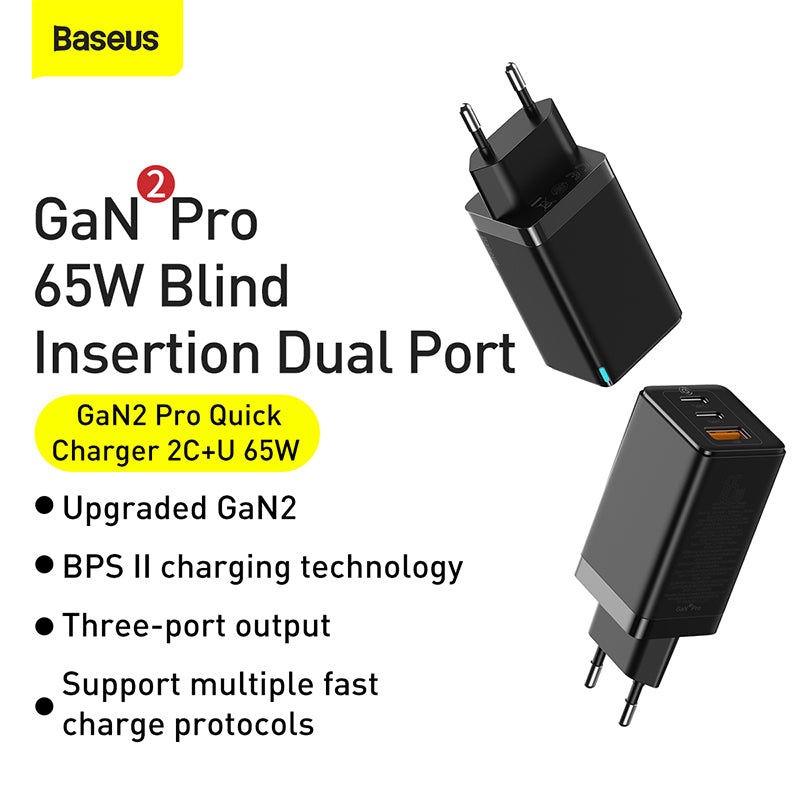 Baseus Gan2 Pro Dual Type-C + USB Quick Charger 65W [Eu Plug] + Type-C To Type-C (CCGAN2P-B01)