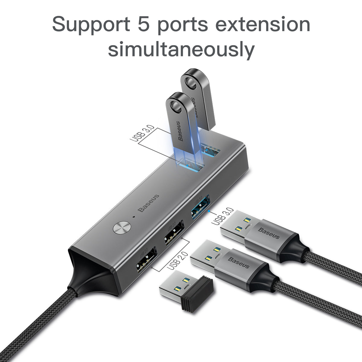 Baseus Cube Hub Adapter From USB-C To 5X USB (3X USB 3.0, 2X USB 2.0) Gray (CAHUB-C0G)