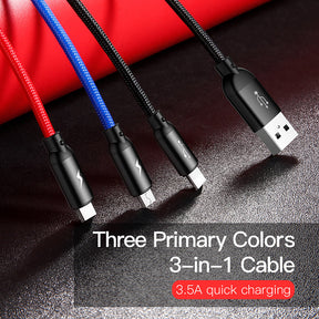 Baseus Three Primary Colors 3-in-1 Cable USB for M+L+T 3.5A 0.3M/1.2M Black CAMLT-BSY01