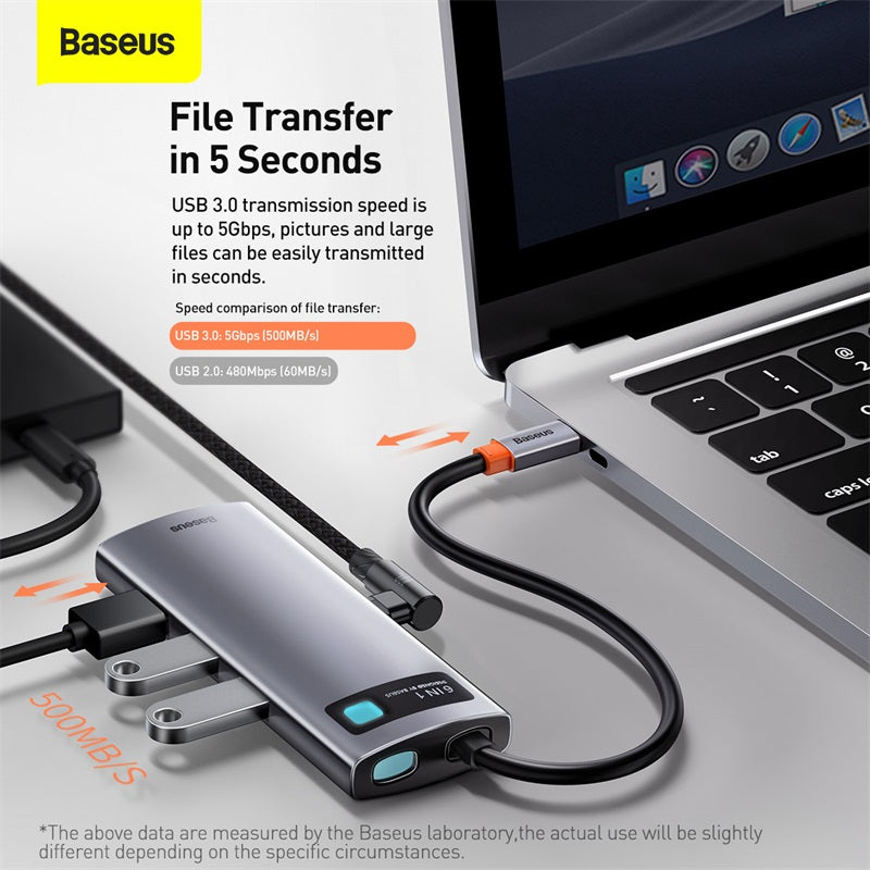 Baseus Metal Gleam 6 in 1 Multifunctional USB Type-C Hub Grey (CAHUB-CW0G)