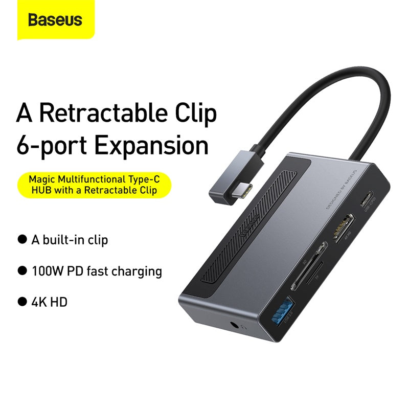 Baseus 6 in 1 Multifunctional USB Type C  Hub With Power Switch & Retractable Clip Grey (CAHUB-DA0G)