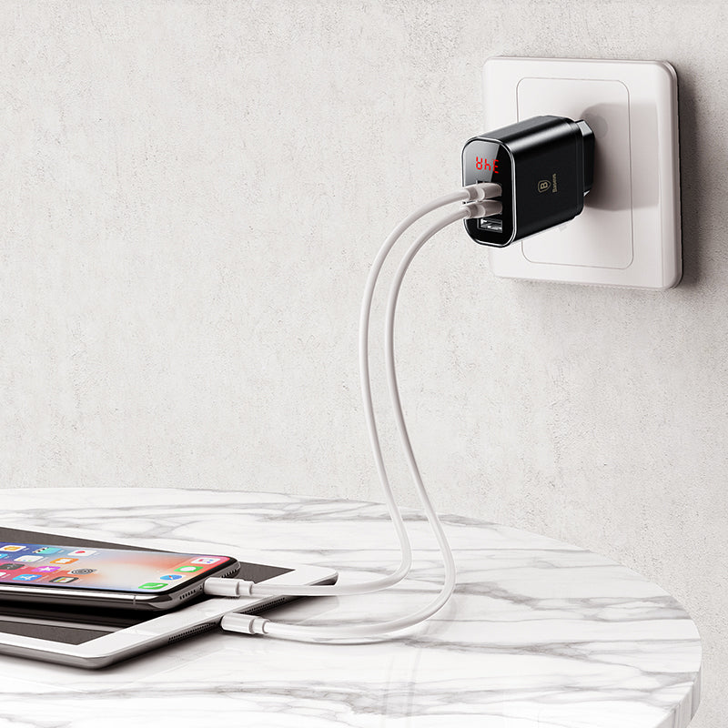 Baseus Mirror Lake Digital Display 3Xusb Ports Travel Charger Adapter Eu Plug (CCALL-BH01)