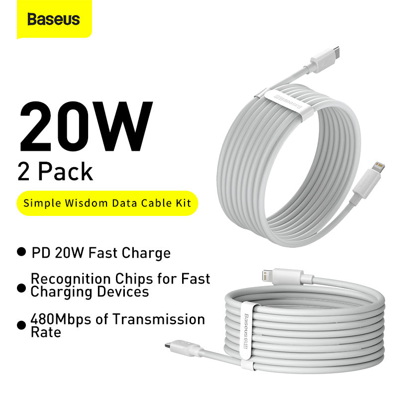 Baseus Simple Wisdom Data Cable Kit USB Type-C to Lightning 5A (2Pcs/Set) 1.5M White (TZCATLZJ-02)