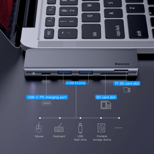 Baseus Harmonica 5 in 1Type-C USB Hub for Type-C Laptop Grey (CAHUB-K0G)