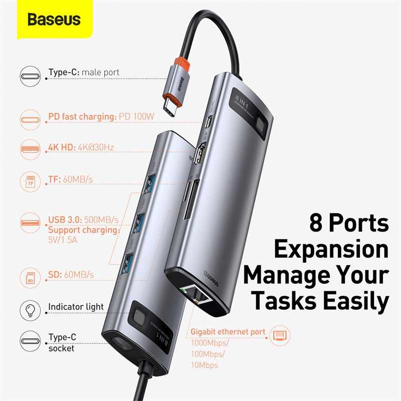Baseus Metal Gleam 8 in 1 Multifunctional USB Type-C Hub Grey (CAHUB-CV0G)