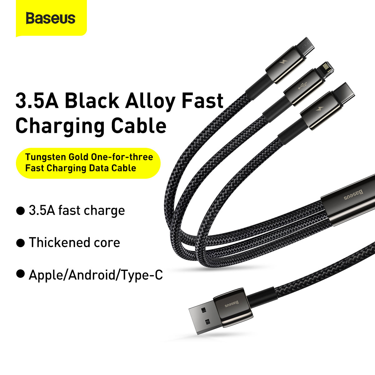 Baseus Tungsten Gold One-For-Three Fast Data Cable USB To M+L+C 3.5A 1.5M Black (CAMLTWJ-01)