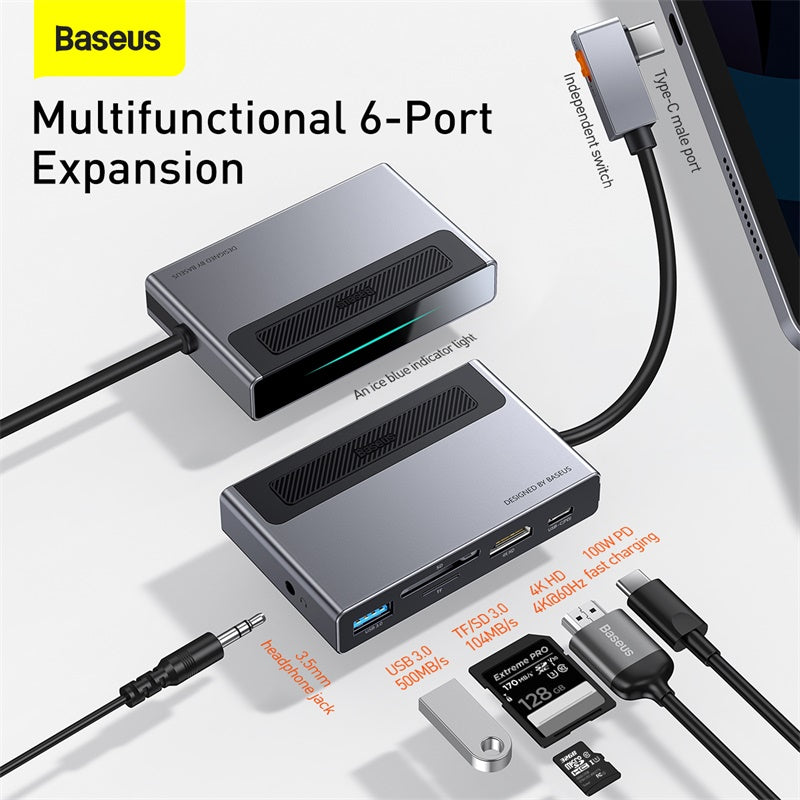 Baseus 6 in 1 Multifunctional USB Type C  Hub With Power Switch & Retractable Clip Grey (CAHUB-DA0G)