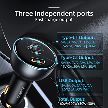 Baseus Car Charger 160W Qualcomm® Quick Charge™ 5 Technology 2C+U With 100w Type-C Cable TZCCZM-0G